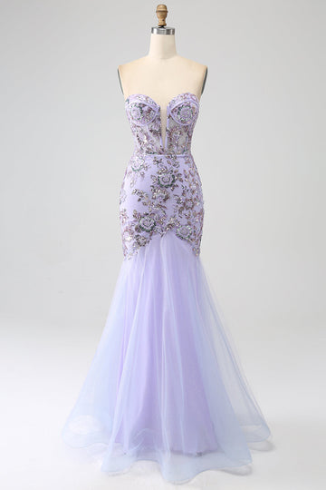 Vestido de fiesta de corsé lavanda sin tirantes de sirena con abalorios